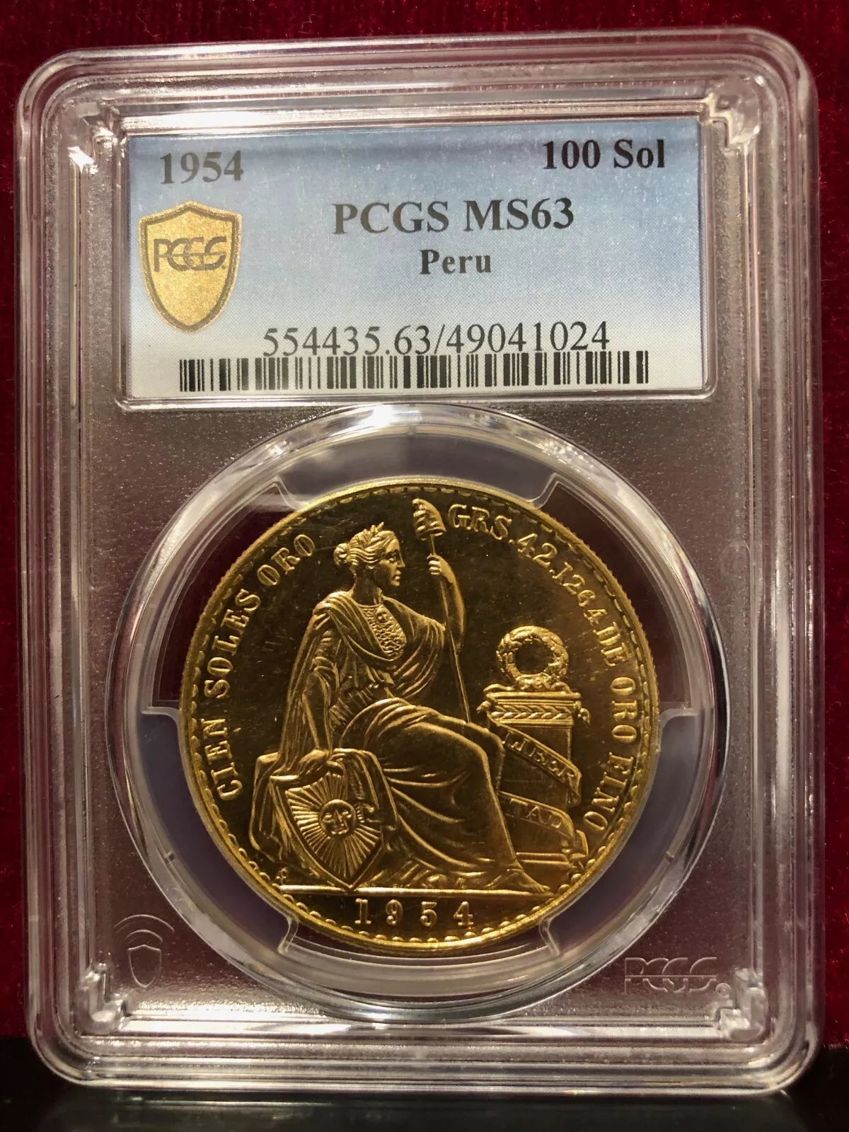 Peru 1954 early 100 gold sols--NEAR BULLION--A DISCOUNTED MS-63 BLAZER PCGS COIN